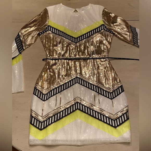 NWT, Endless Rose, Sequin Long Sleeve Mini Dress, Lime Multi, Gold, White Yellow - Picture 12 of 15